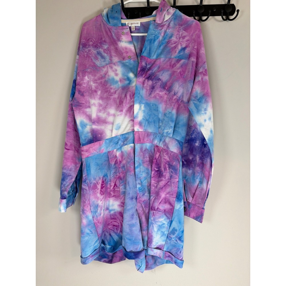 Rosevelvet Tie Dye Hooded Romper Blue Purple Long Sleeve Snap Front Medium